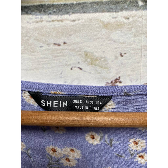 SHEIN Sweet Lilac Daisy Print Long Sleeve Deep V Cropped Waist Tie Blouse - Picture 9 of 12